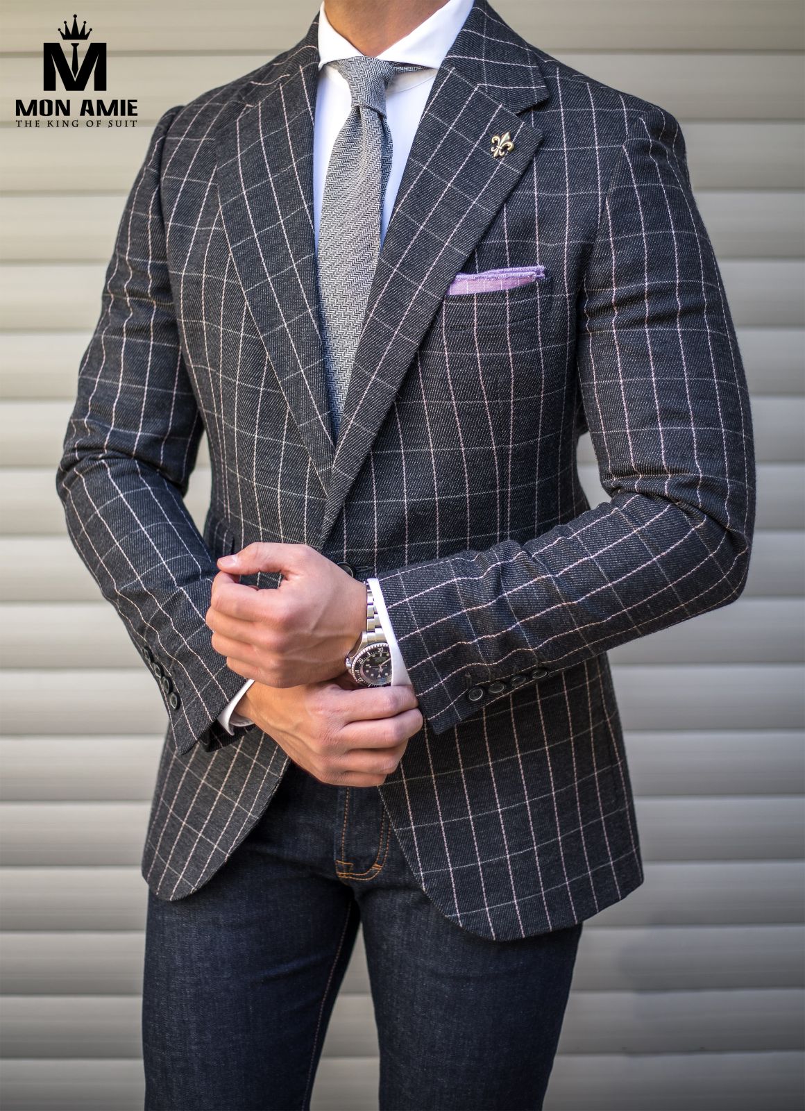 White Plaid On Dark Grey Blazer 